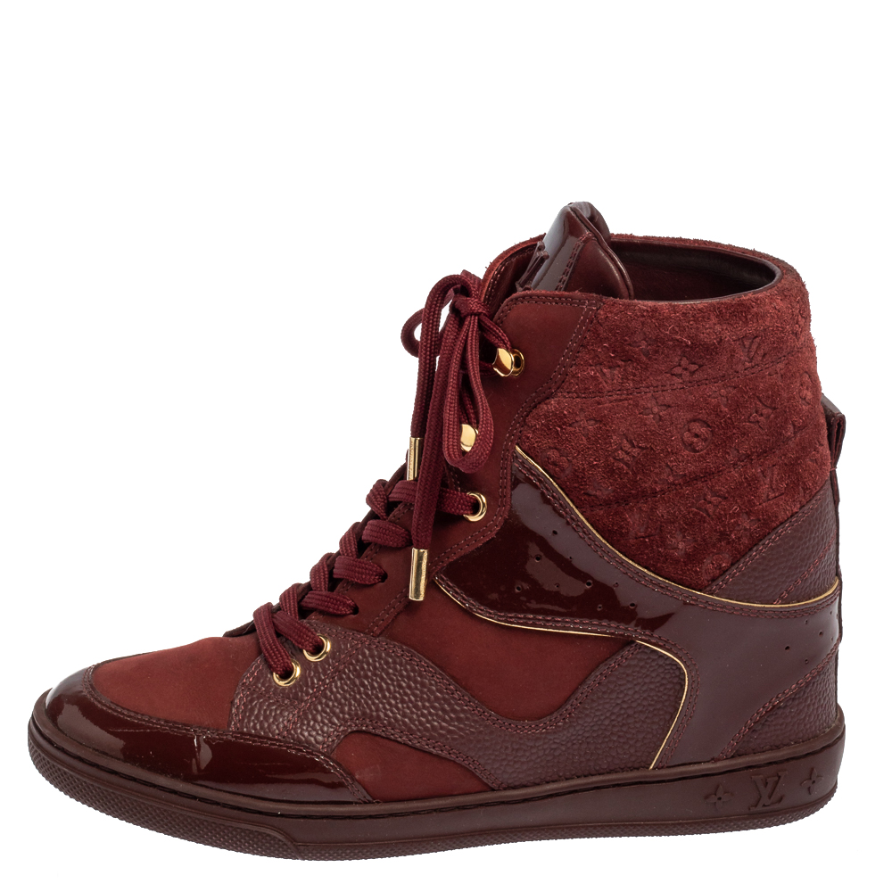 

Louis Vuitton Burgundy Leather And Monogram Suede Wedge Sneakers Size