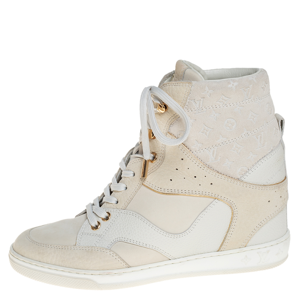 

Louis Vuitton White Leather And Monogram Suede Millenium Wedge Sneakers Size