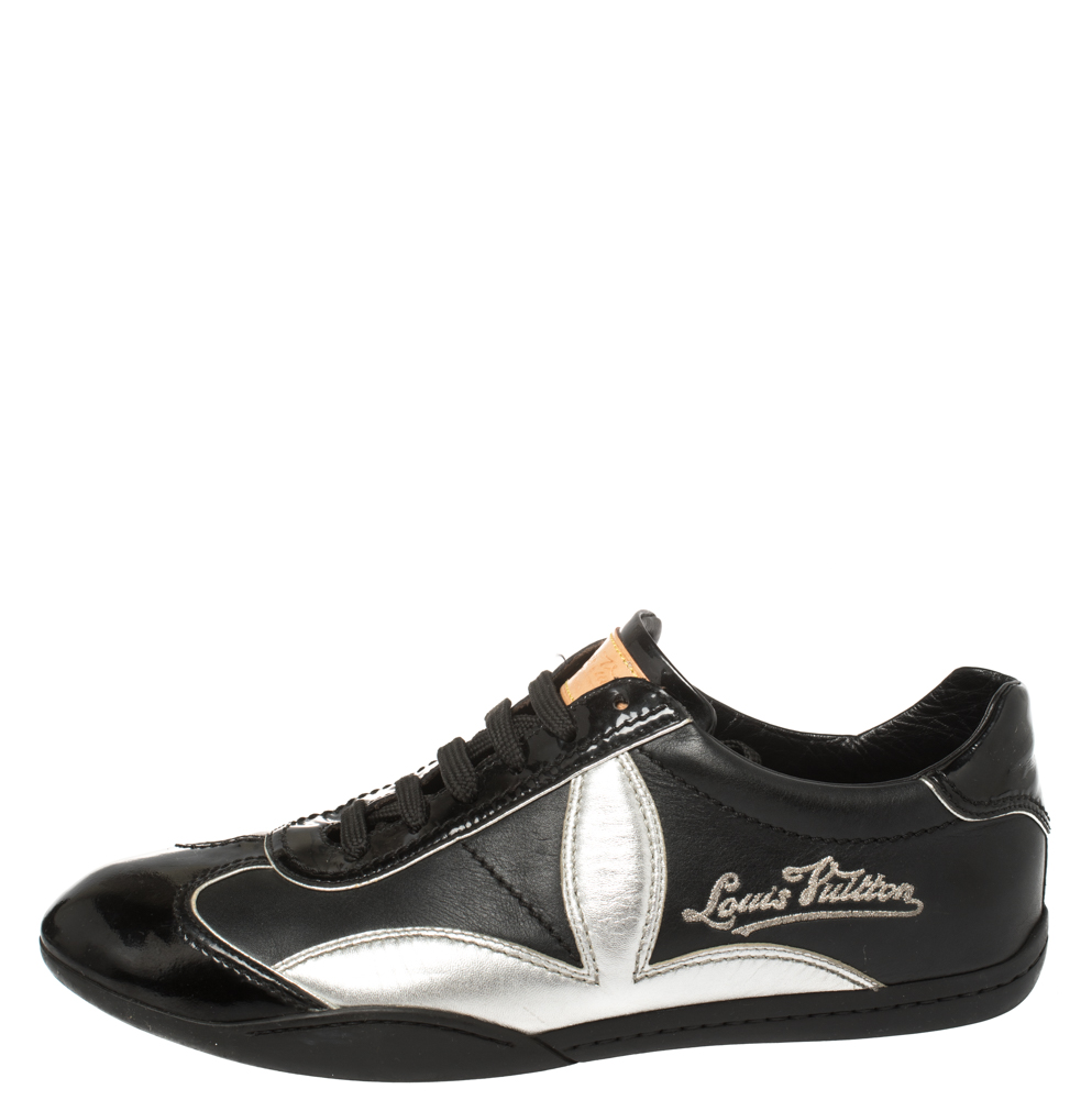 

Louis Vuitton Black/Silver Patent Leather And Leather Low Top Lace Up Sneakers Size