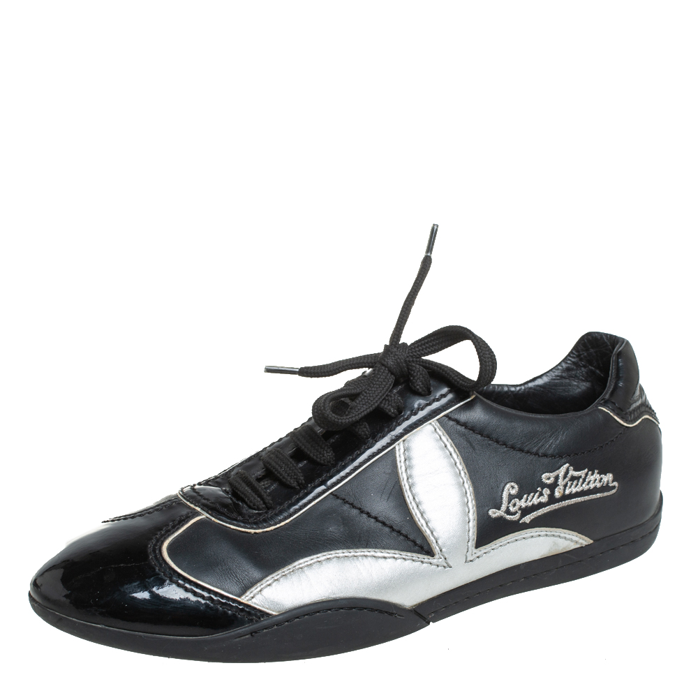 Pre-owned Louis Vuitton Vintage Black/silver Patent Leather And Leather Low  Top Sneakers Size 39