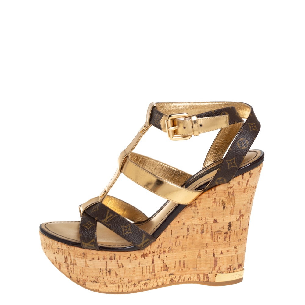 

Louis Vuitton Brown/Gold Monogram Canvas and Leather Strappy Platform Wedge Sandals Size