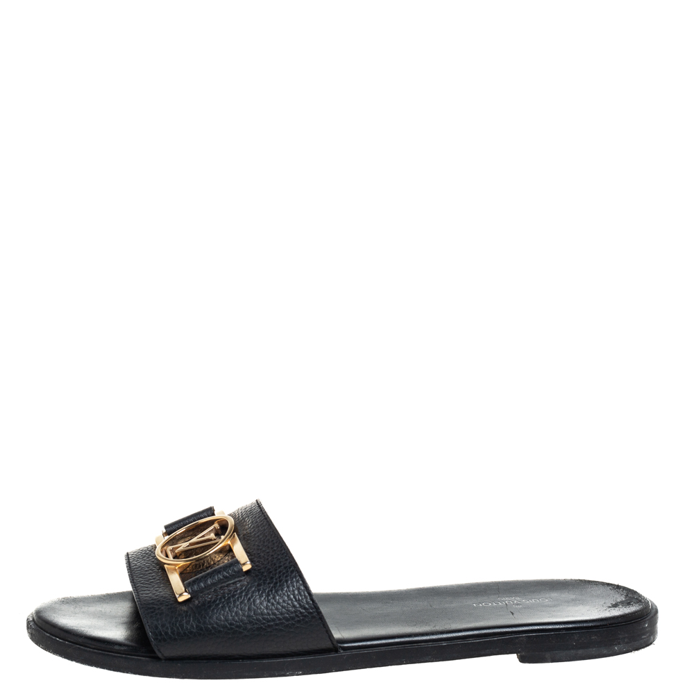 

Louis Vuitton Black Leather Lockit Flat Slides Size