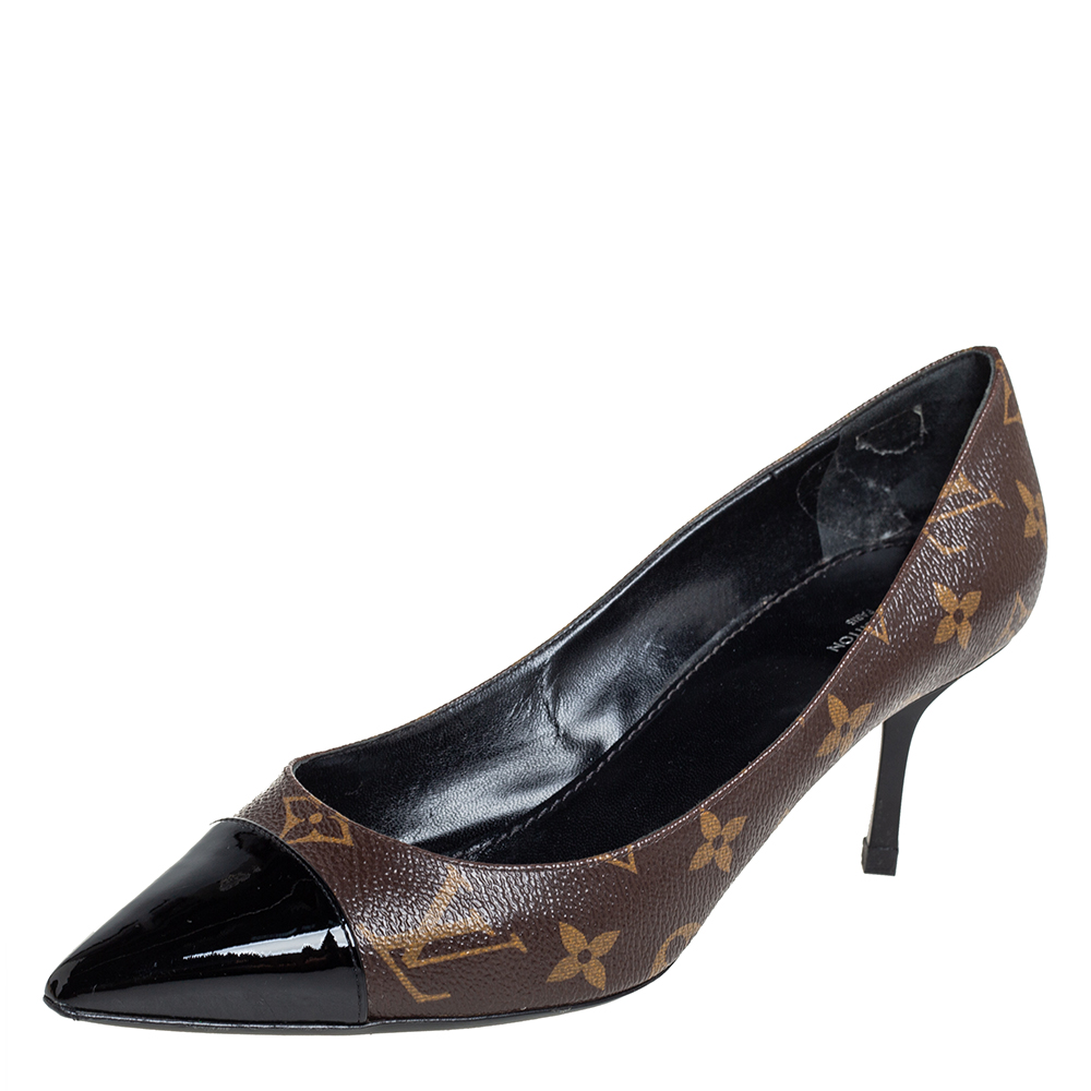 Click to view more detailed imagery on our partner's website Pre-owned Louis Vuitton Brown Monogram Canvas And Patent Leather Cap Toe Fetish Pointed Toe Pumps Size 38.5