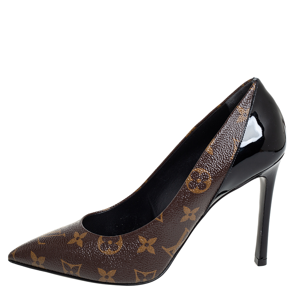 

Louis Vuitton Brown/Beige Monogram Canvas And Black Patent Leather Cherie Pumps Size