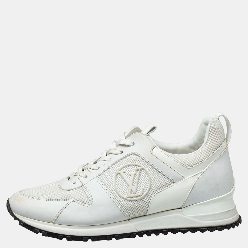 Made to provide comfort these Louis Vuitton Run Away sneakers are trendy and stylish. Theyve been crafted from mesh and patent leather leather and designed with lace up vamps and the labels monogram motifs on the sides. Wear them with your casual outfits for a sporty look dipped in luxury.