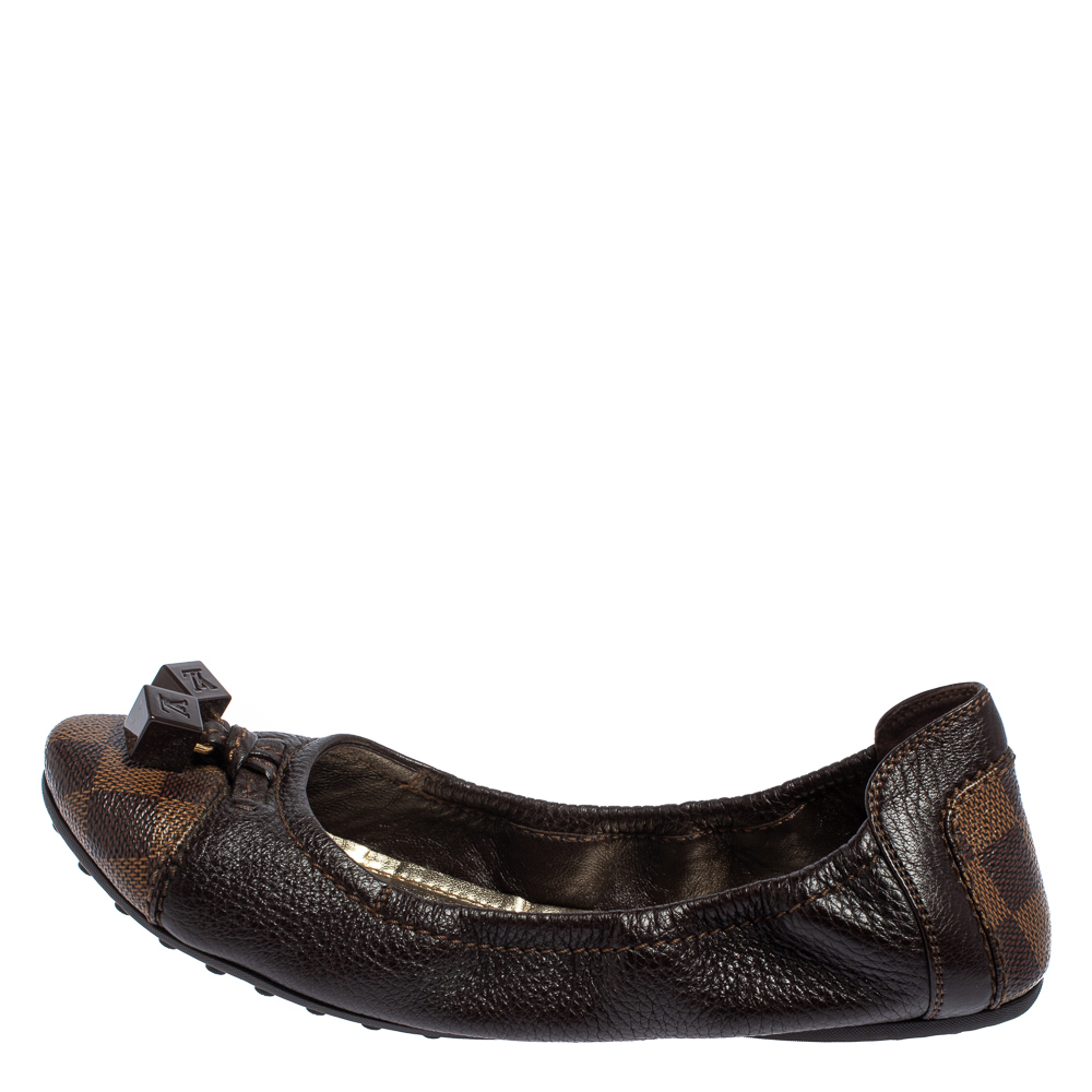 

Louis Vuitton Brown Leather And Damier Ebene Lovely Ballet Flats Size