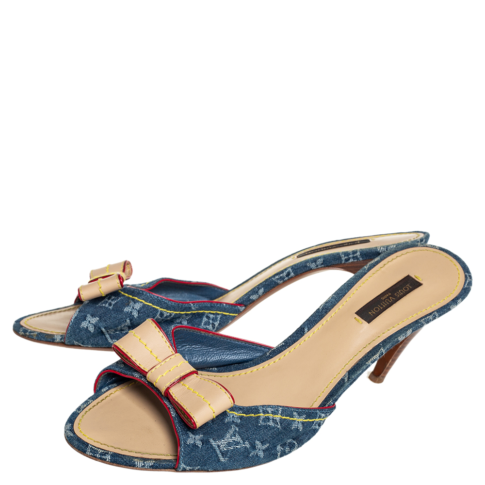 Louis Vuitton Blue Monogram Denim And Leather Bow Slide Sandals