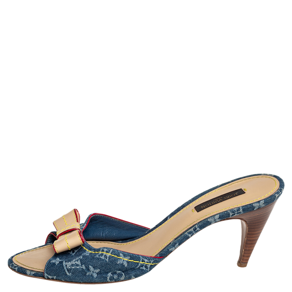 

Louis Vuitton Blue Monogram Denim And Leather Bow Slide Sandals Size