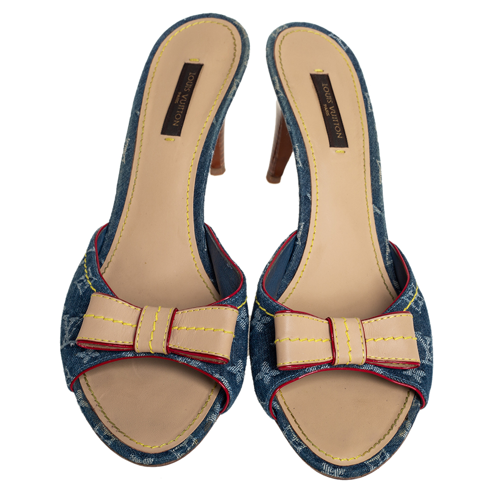 Louis Vuitton Blue Monogram Denim And Leather Bow Slide Sandals Size 39.5