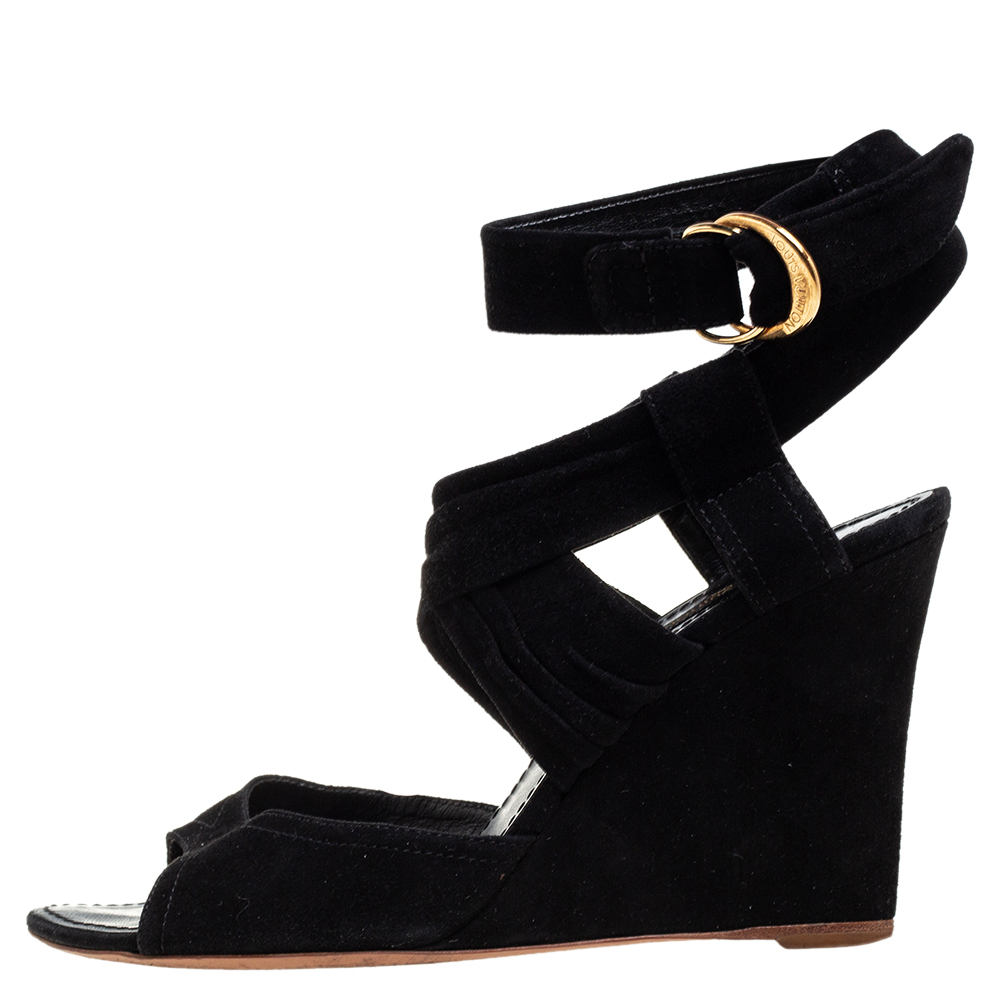 

Louis Vuitton Black Suede Strappy Wedge Sandals Size