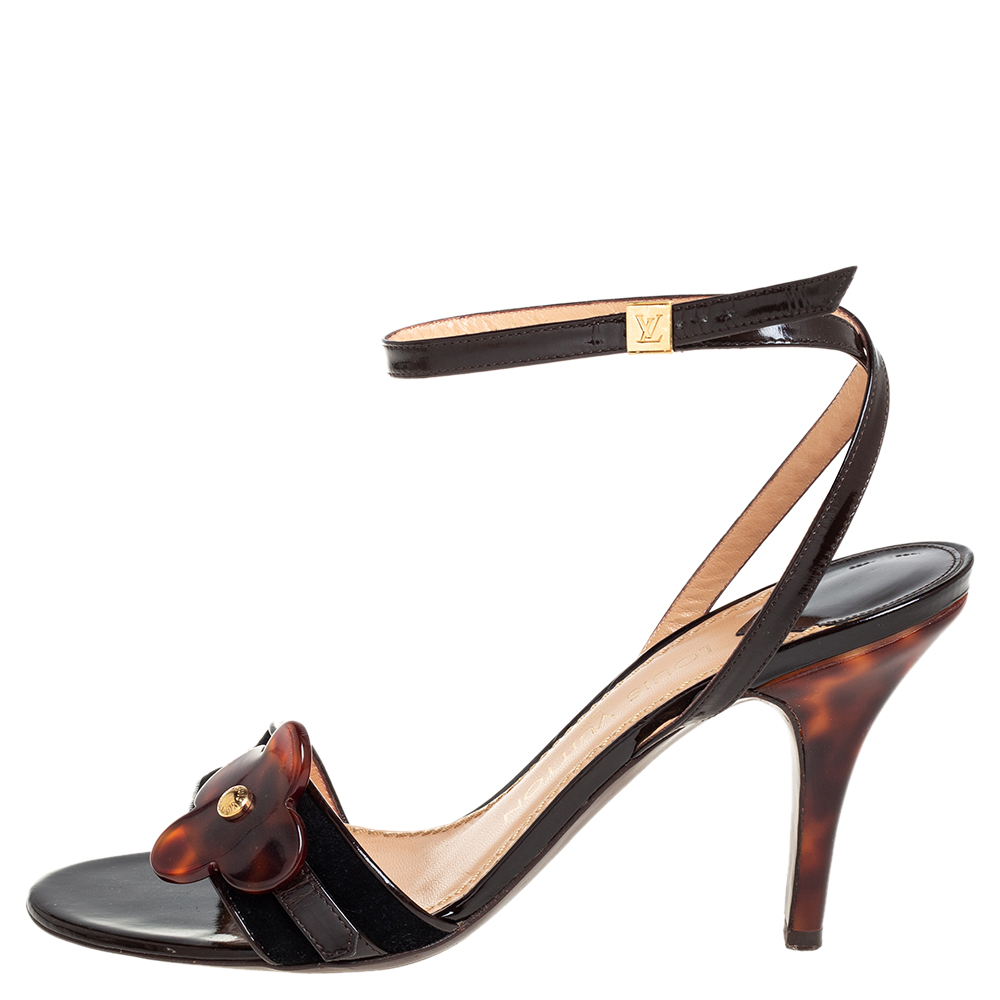 

Louis Vuitton Patent Leather And Suede Flower Ankle Strap Sandals Size, Brown