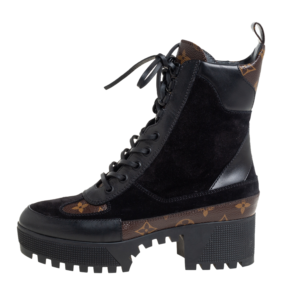 

Louis Vuitton Black/Brown Monogram Canvas And Suede Laureate Platform Desert Ankle Boots Size