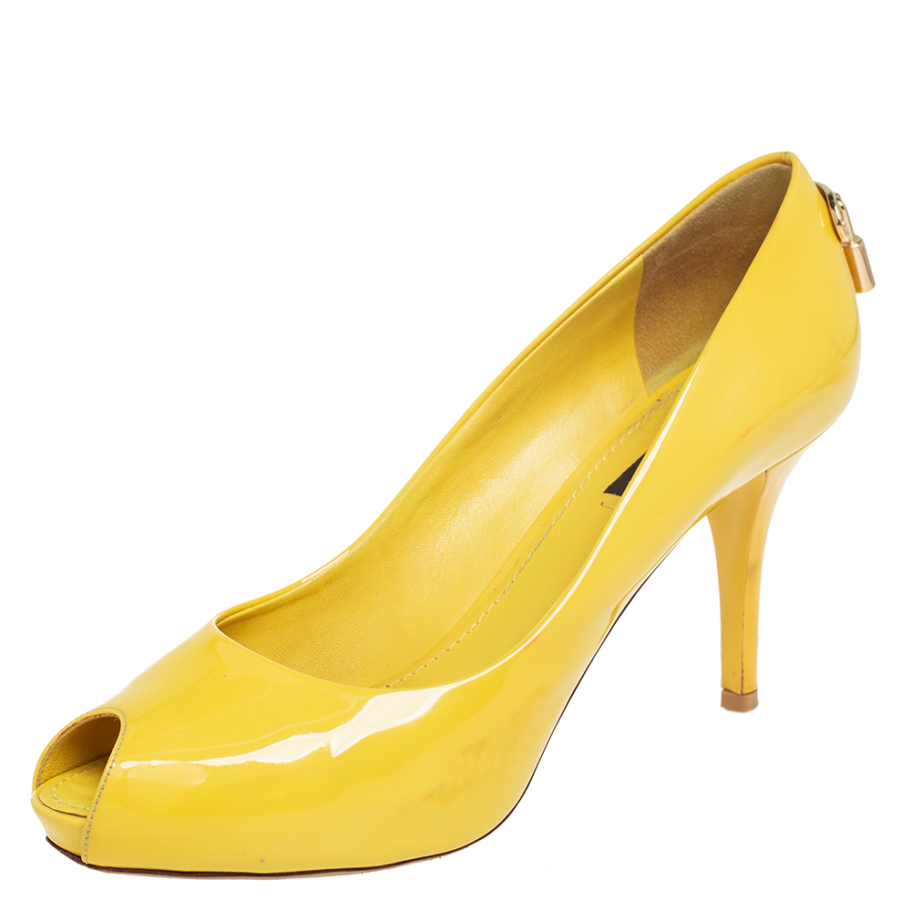 Pre-owned Louis Vuitton Yellow Patent Leather Oh Really! Peep Toe Pumps Size 38