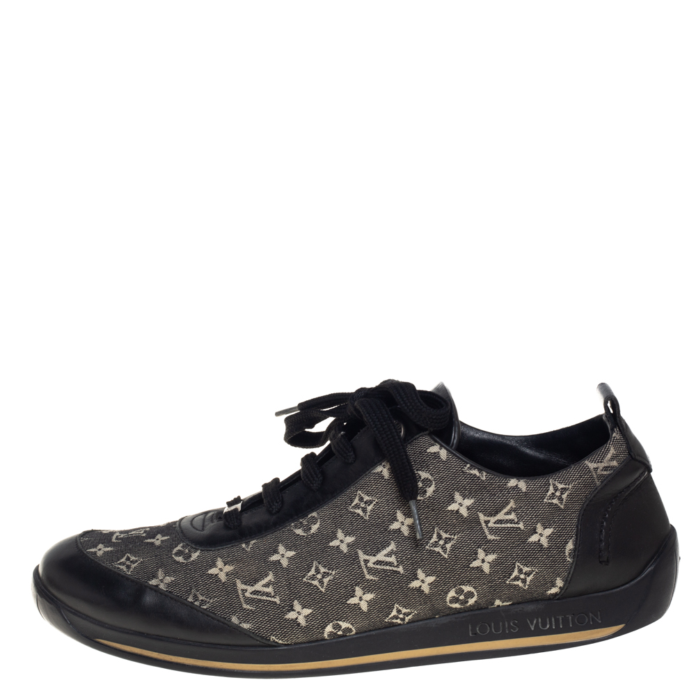 

Louis Vuitton Black Leather And Two Tone Mini Lin Monogram Canvas Low Top Sneakers Size