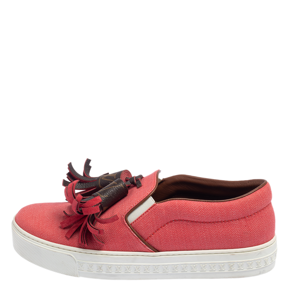 

Louis Vuitton Coral Red Canvas and Monogram Canvas Tassel Destination Slip On Sneakers Size