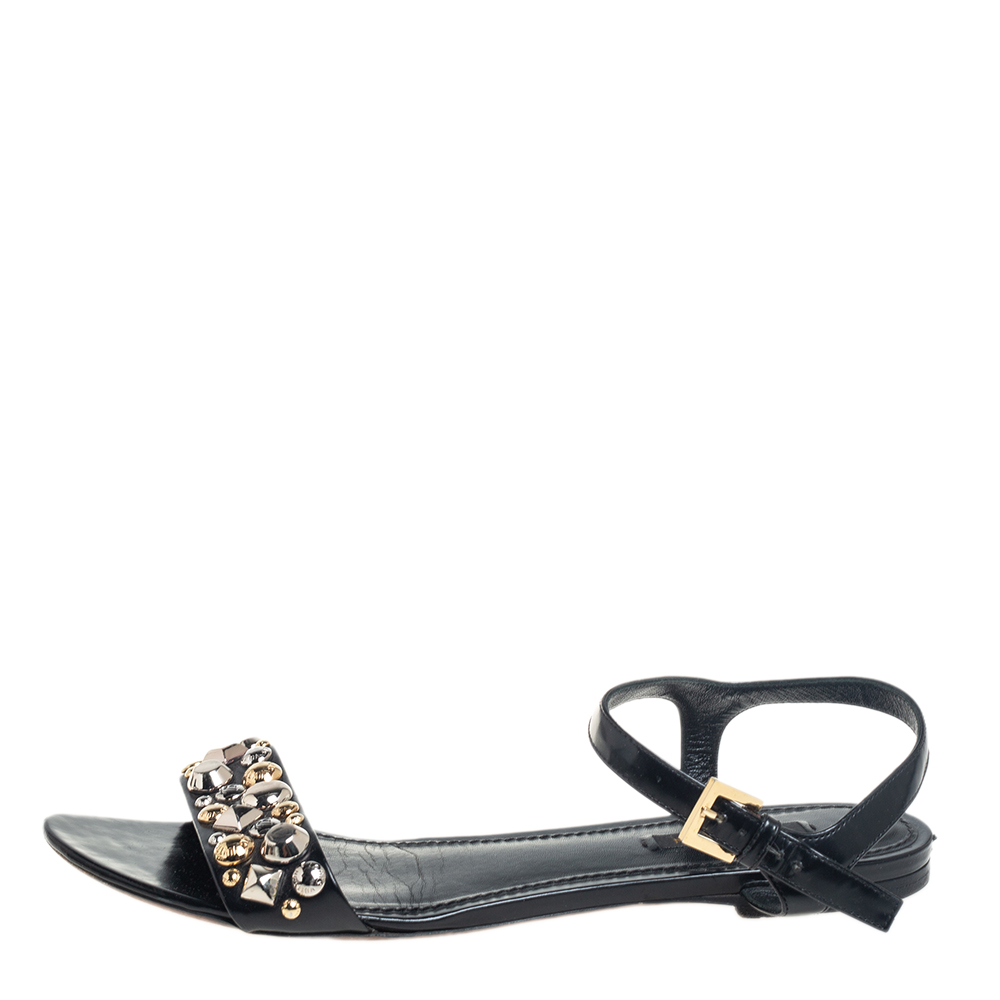 

Louis Vuitton Black Leather Studded Ankle Strap Flat Sandals Size