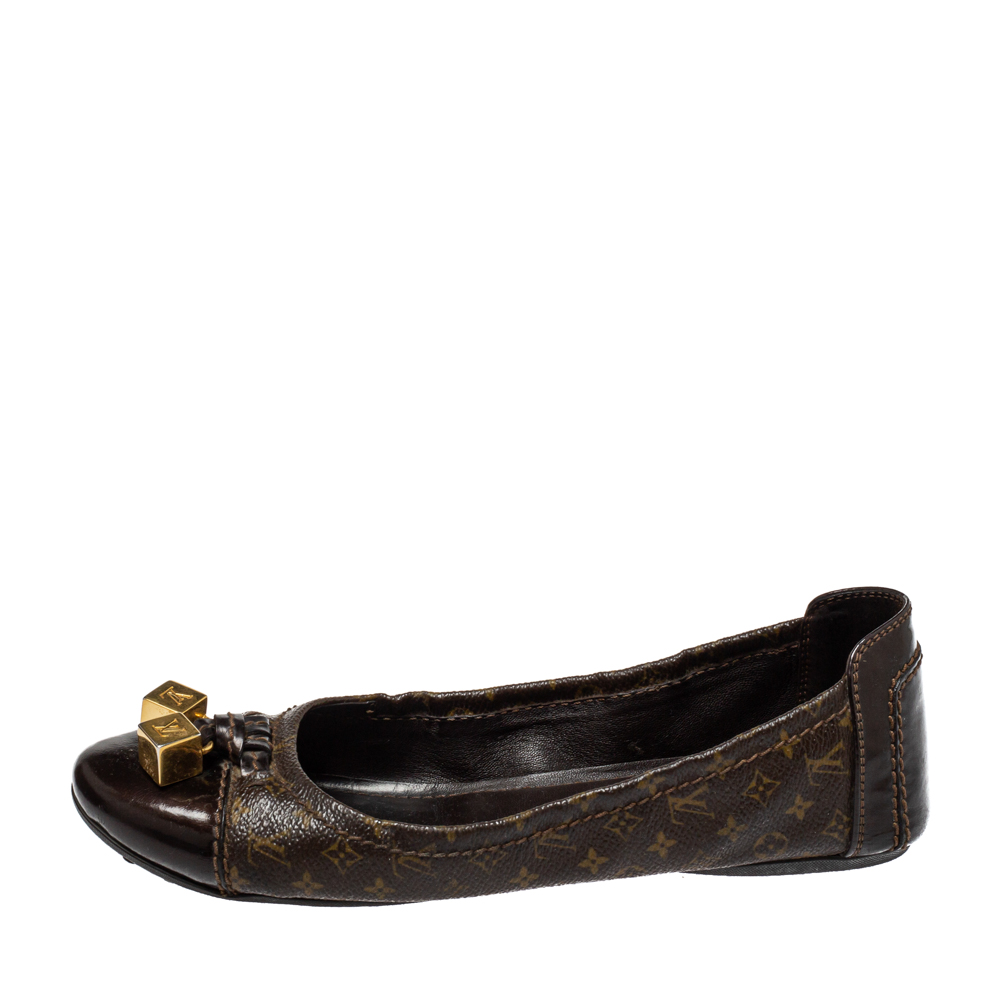 

Louis Vuitton Brown Monogram Canvas And Leather Cap Toe Lovely Scrunch Ballet Flats Size
