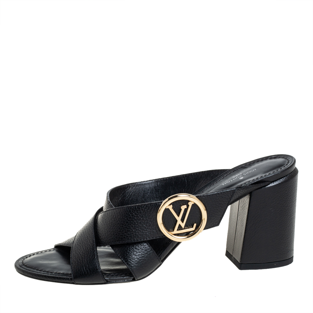 

Louis Vuitton Black Leather Block Slide Sandals Size