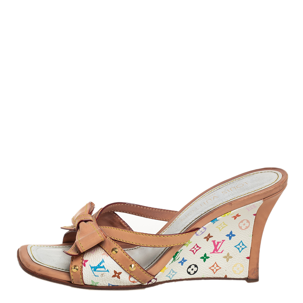 

Louis Vuitton Multicolor Monogram Canvas And Leather Bow Wedge Sandals Size, White