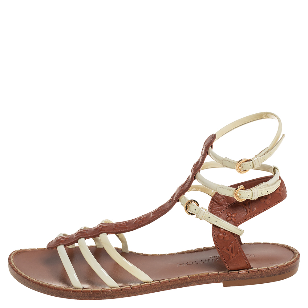 

Louis Vuitton Cream/Brown Patent And Monogram Leather Key West Flat Sandals Size