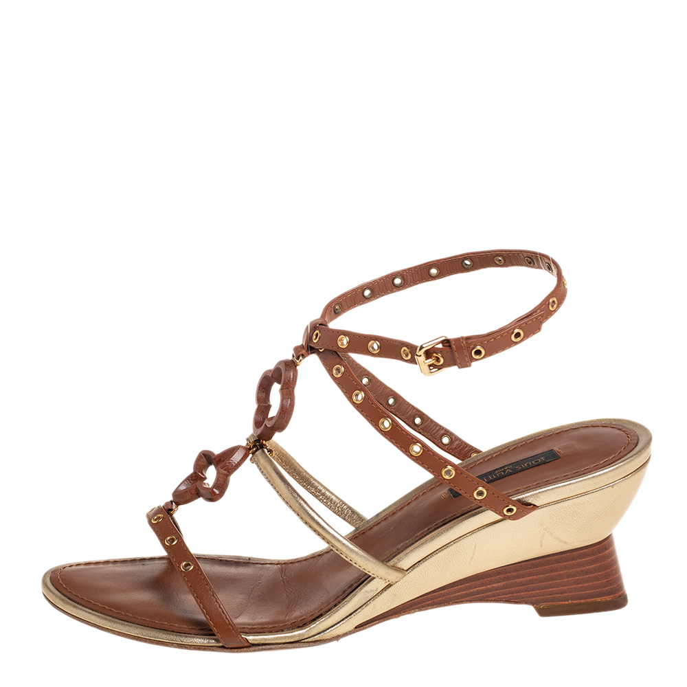 

Louis Vuitton Brown/Gold Leather Eyelet T-Strap Wedge Sandals Size