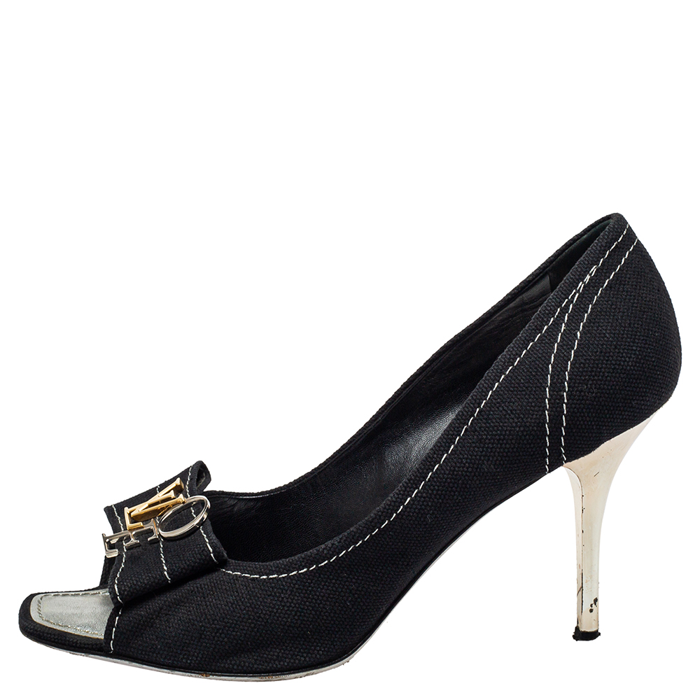 

Louis Vuitton Black Canvas Logo Open Toe Pumps Size
