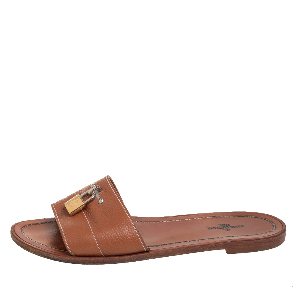 

Louis Vuitton Brown Leather Lock It Flat Slides Size