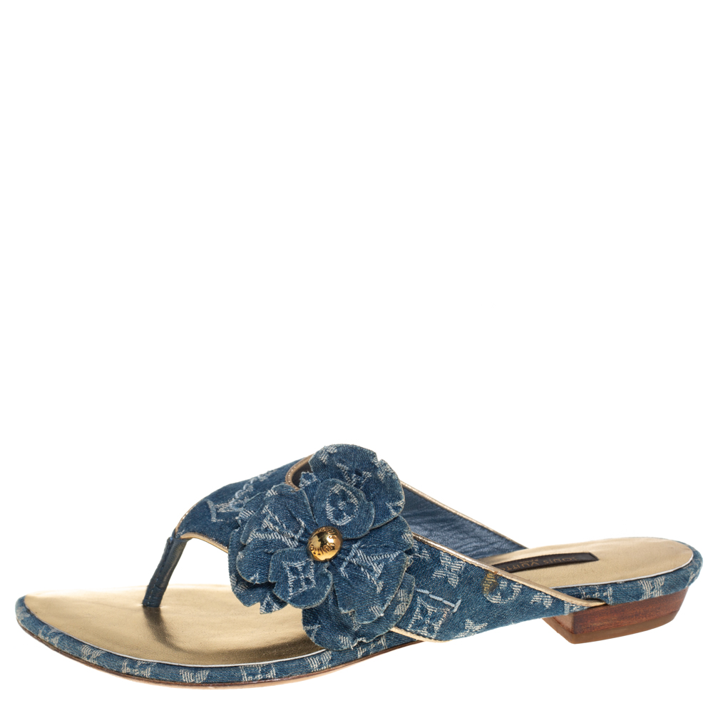 

Louis Vuitton Blue Monogram Denim Freesia Flower Thong Sandals Size