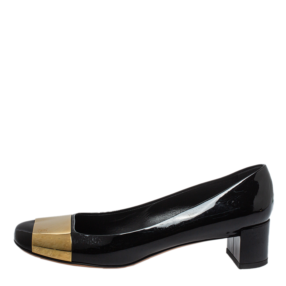 

Louis Vuitton Black Patent Leather Gold Plate Block Heel Pumps Size