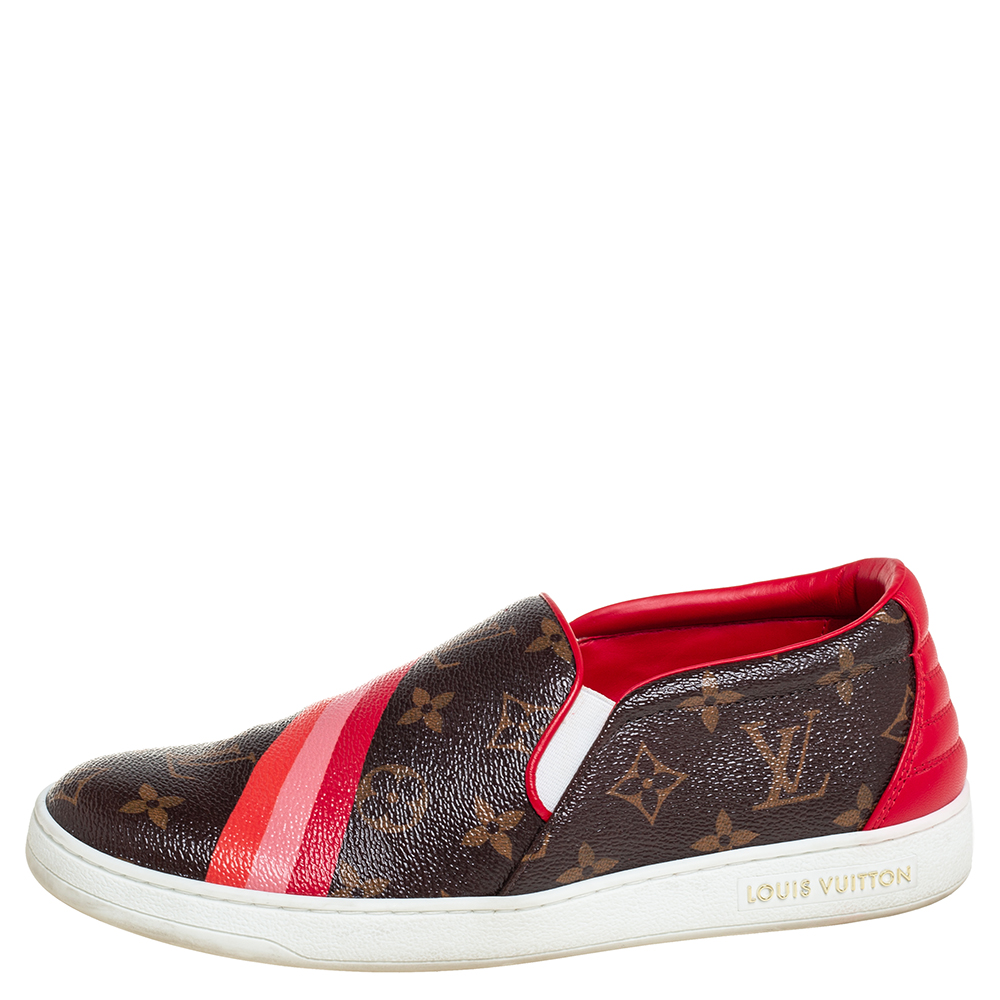 

Louis Vuitton Brown/Red Monogram Canvas And Leather Frontrow Slip On Sneakers Size
