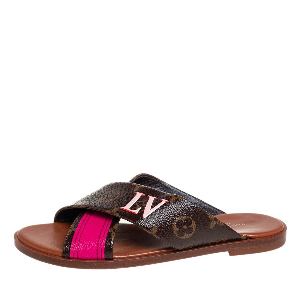 

Louis Vuitton Brown/Pink Monogram Coated Canvas Panorama Flat Sandals Size