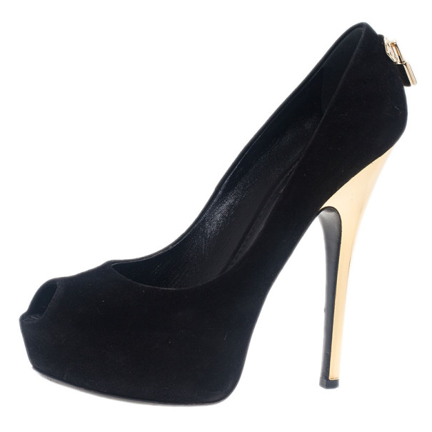 Pre Owned Louis Vuitton Black Suede Oh Really! Peep Toe Platform Pumps Size 37.5