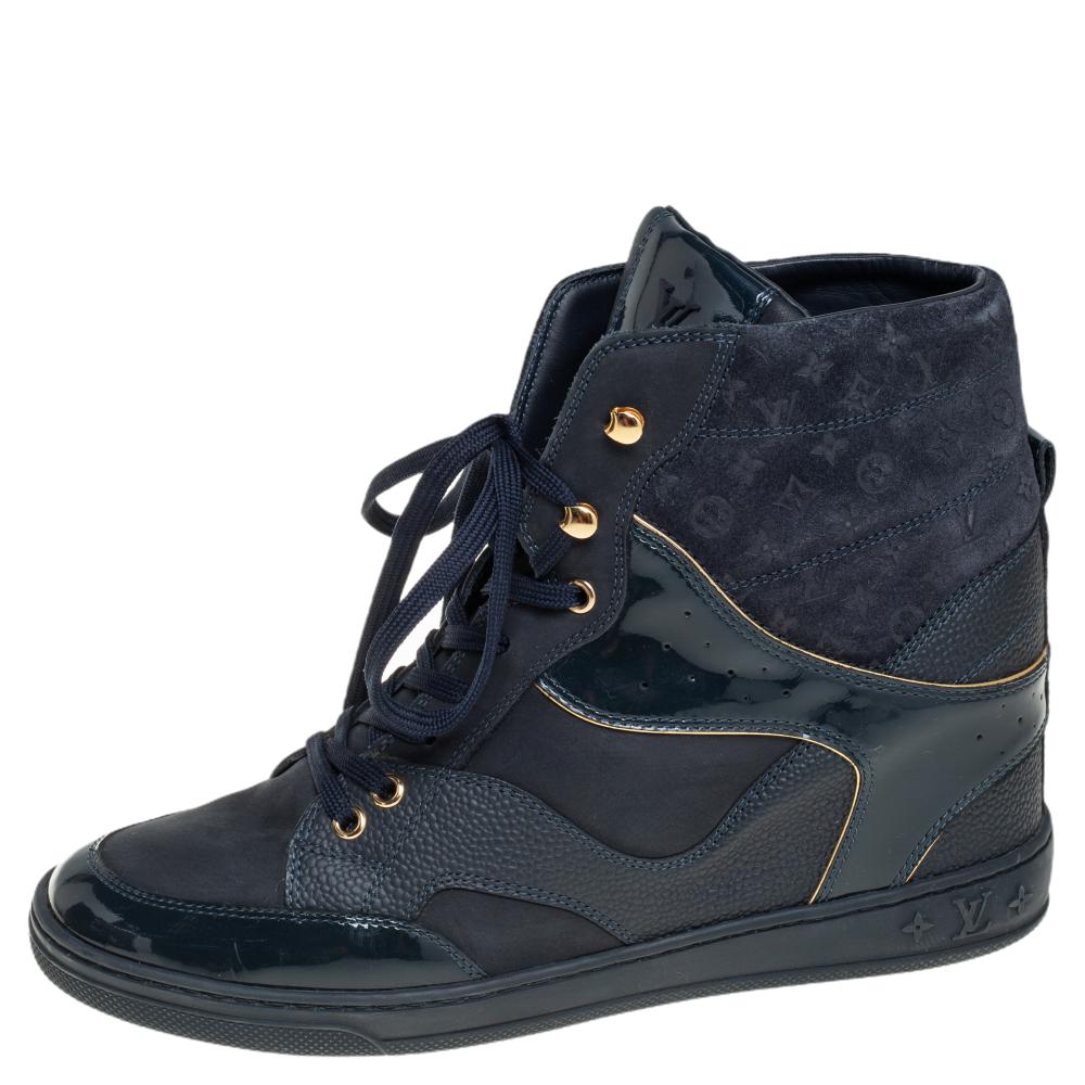 

Louis Vuitton Blue Monogram Embossed Suede And Leather Cliff Top Wedge Sneakers Size