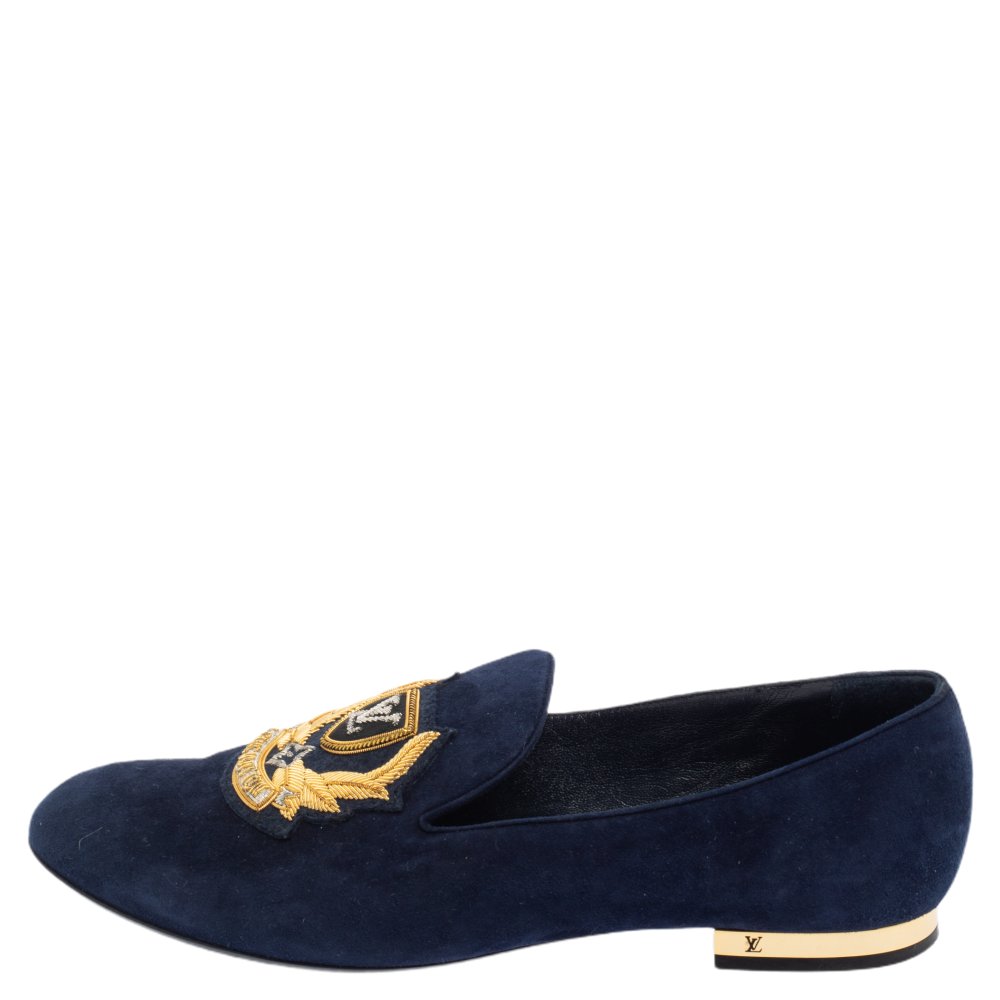 

Louis Vuitton Blue Suede Embroidered Smoking Slippers Size