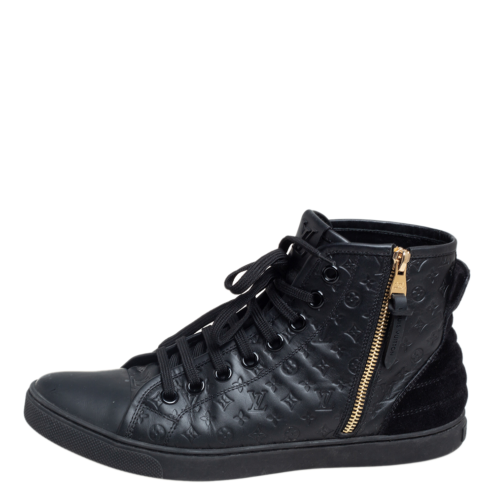 

Louis Vuitton Black Monogram Embossed Leather Punchy High Top Sneakers Size