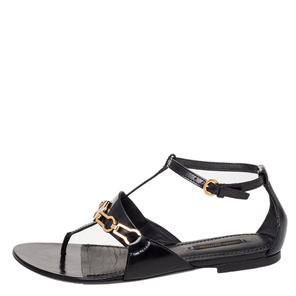 

Louis Vuitton Black Leather Thong Ankle Strap Sandals Size