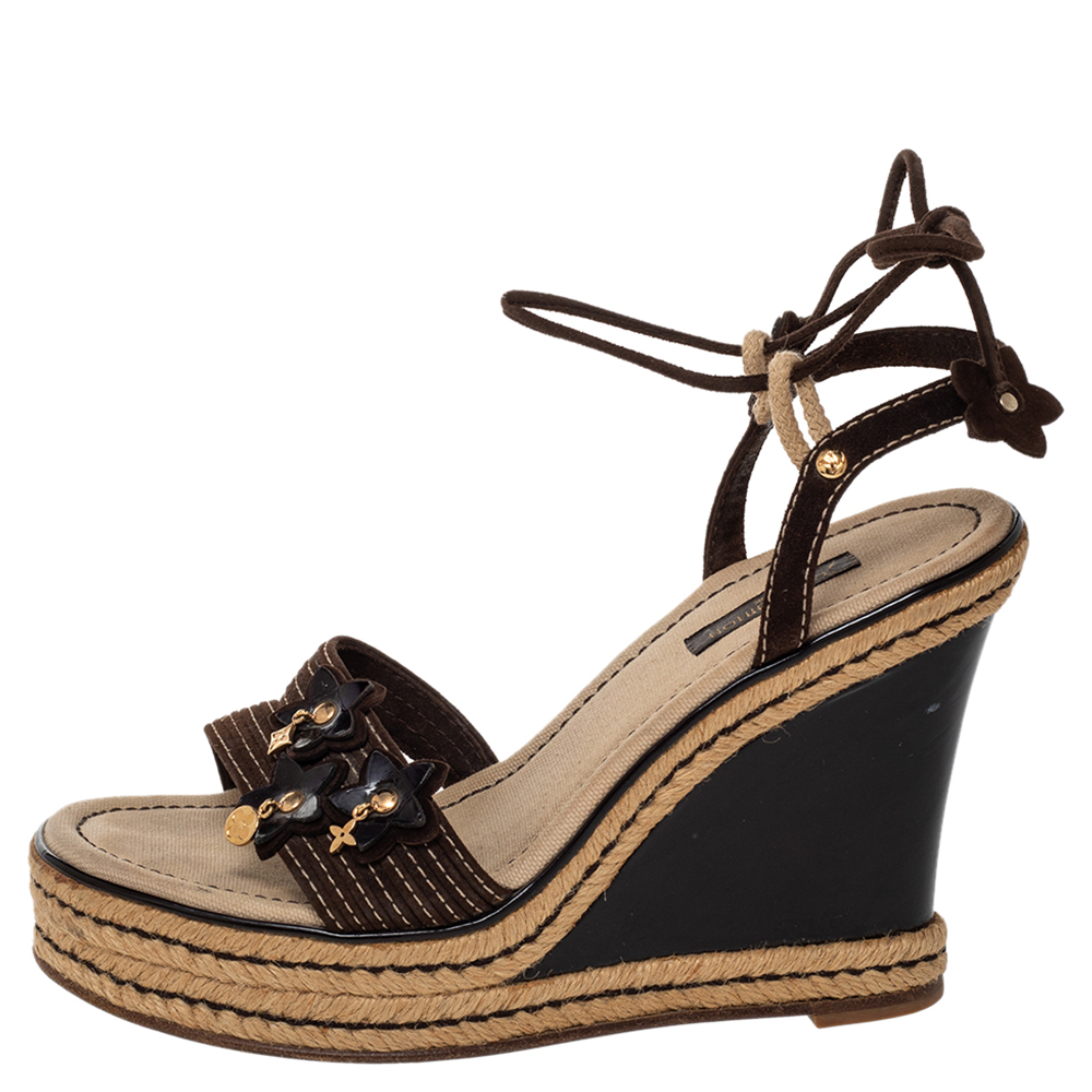 

Louis Vuitton Brown Suede Embellished Wedge Platform Ankle Wrap Espadrille Sandals Size