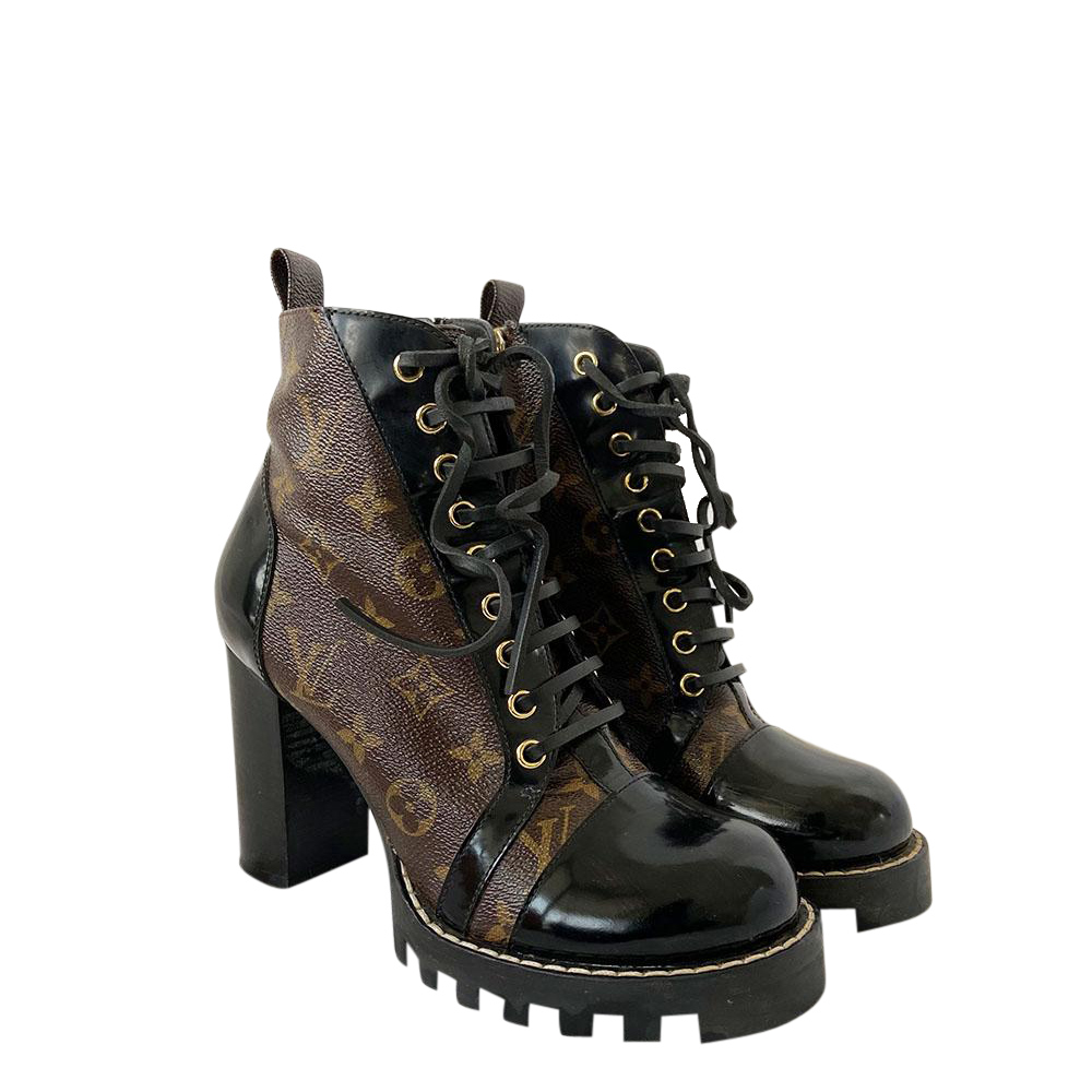 

Louis Vuitton Patent Black Leather/ Monogram Canvas Star Trail Ankle Boots Size