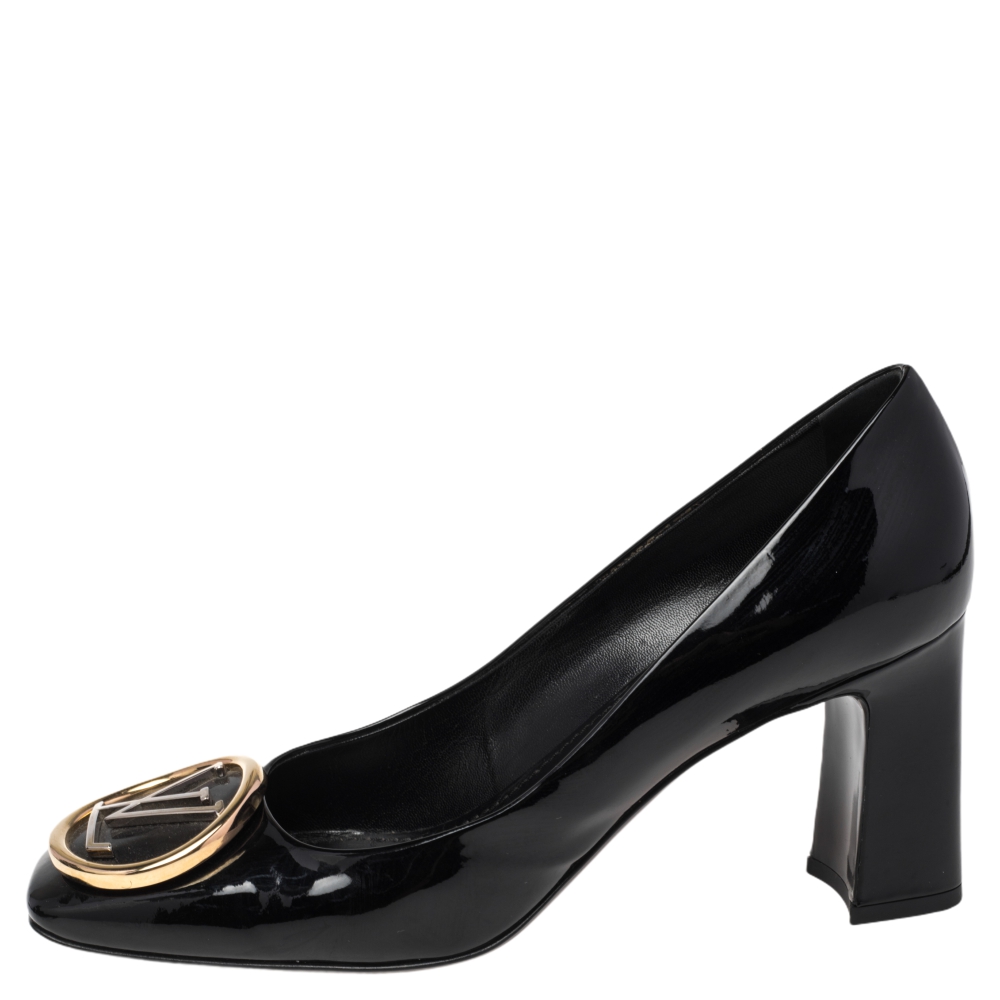 

Louis Vuitton Black Patent Leather Madeleine Logo Block Heel Pumps Size