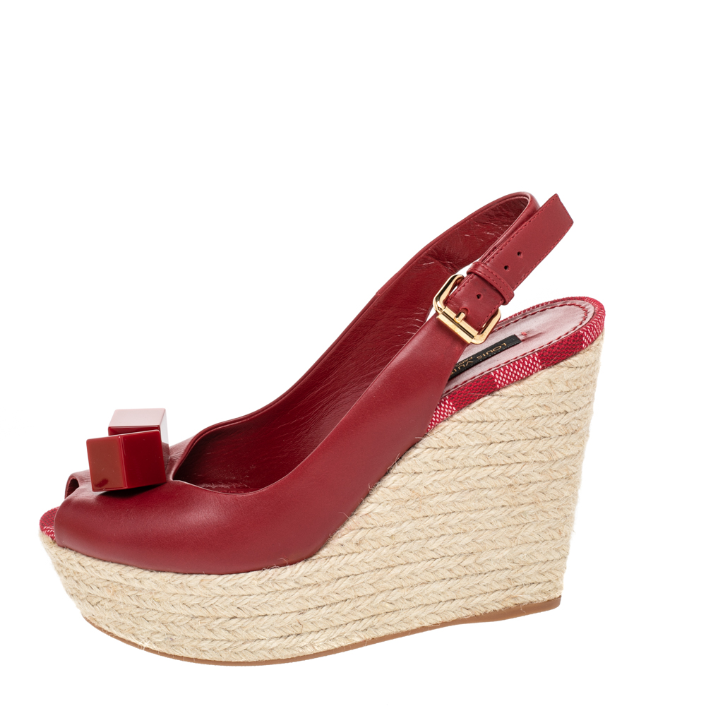 

Louis Vuitton Red Leather Gossip Cube Embellished Espadrille Wedge Slingback Sandals Size