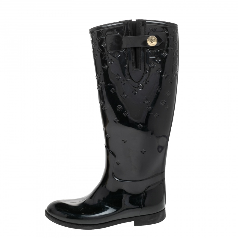 

Louis Vuitton Black Patent Leather Drop High Rain Knee Length Boots Size