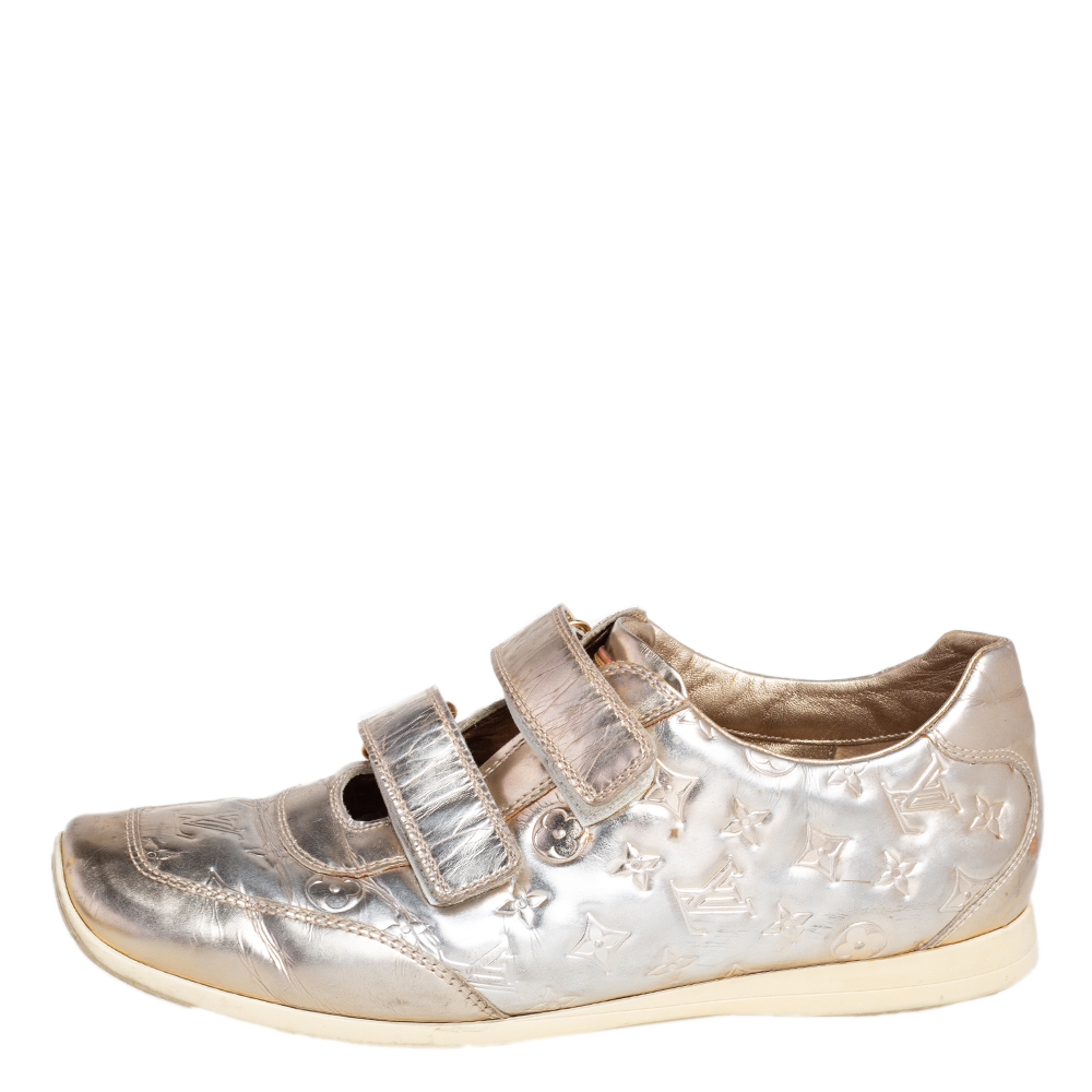 

Louis Vuitton Metallic Gold Monogram Leather Velcro Strap Sneakers Size