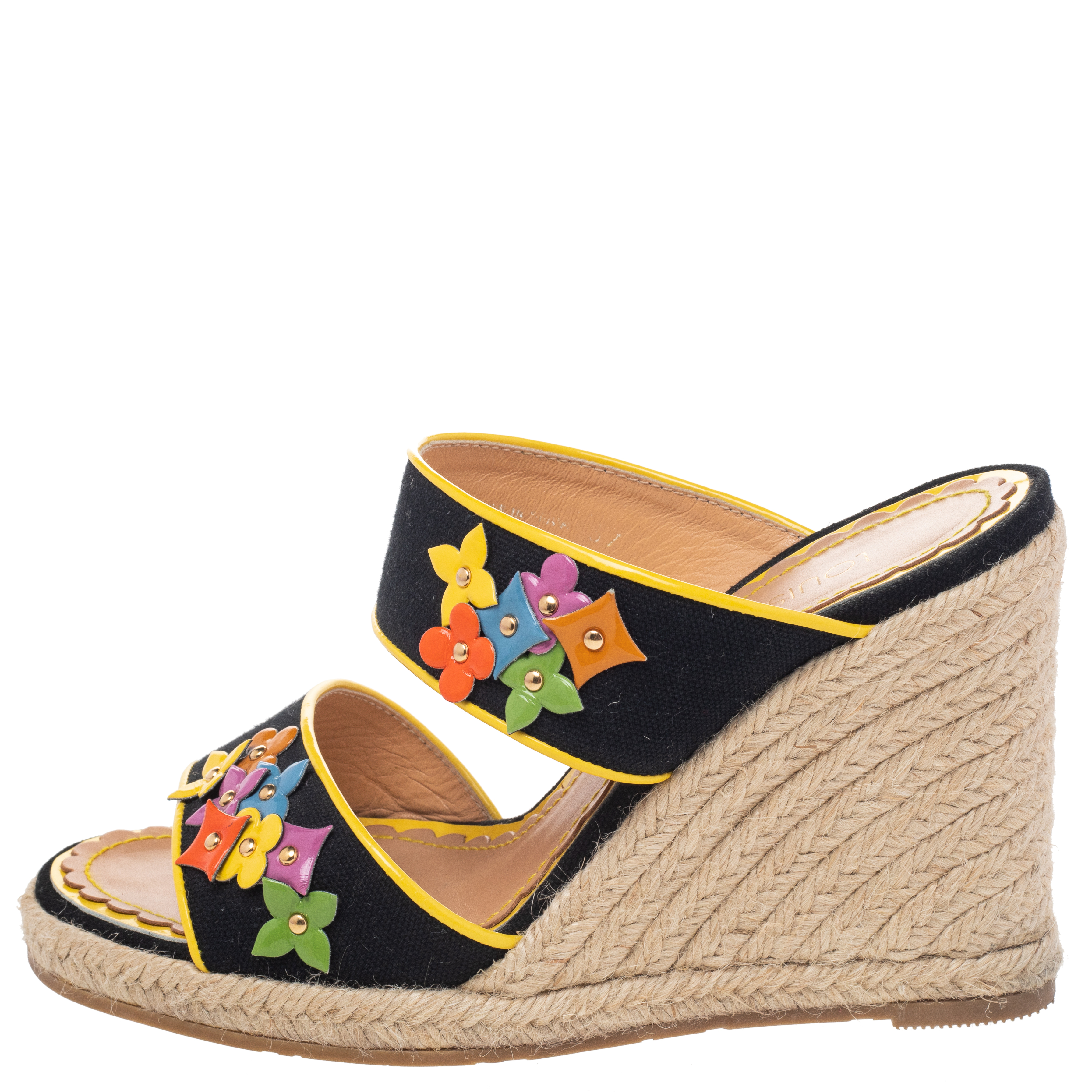 

Louis Vuitton Black/Yellow Canvas And Patent Leather Trim Flowers Wedge Espadrilles Sandal Size