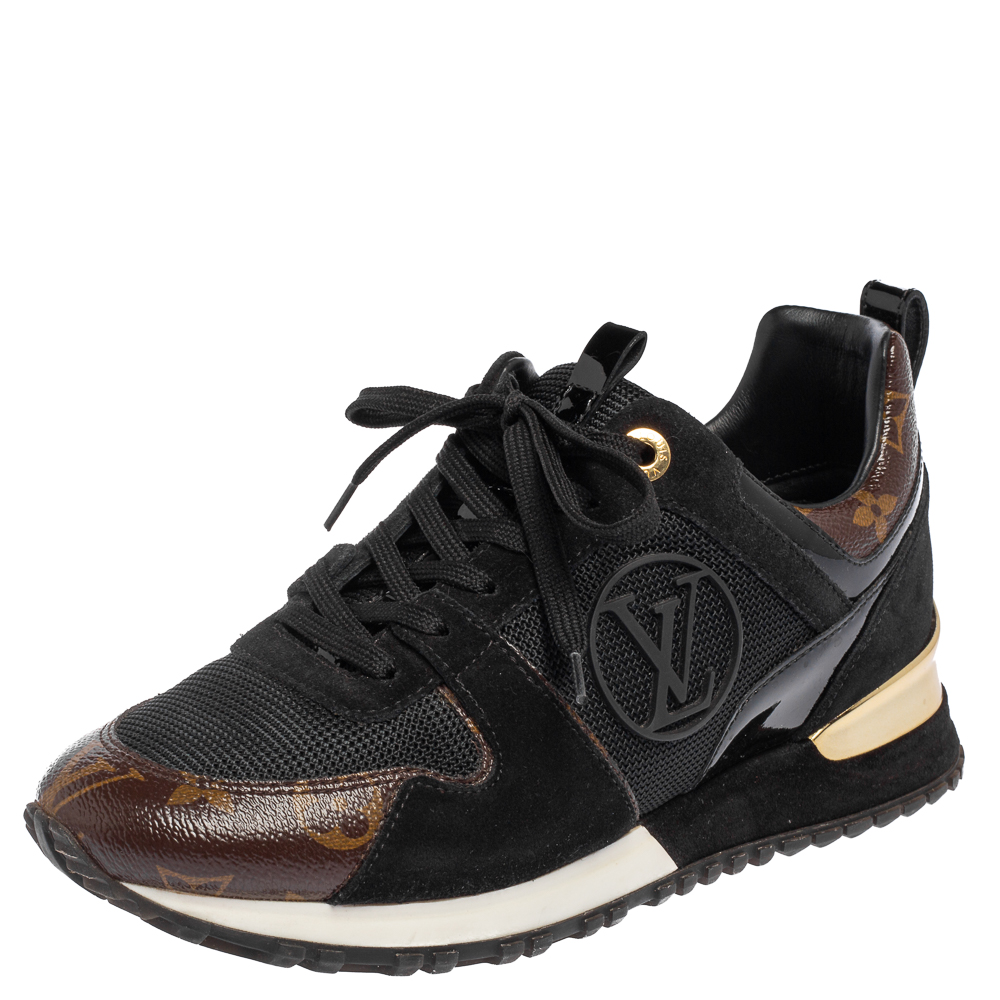 Pre Owned Louis Vuitton Blackbrown Mesh And Monogram Canvas Run Away Lace Up Sneakers Size 365 5226