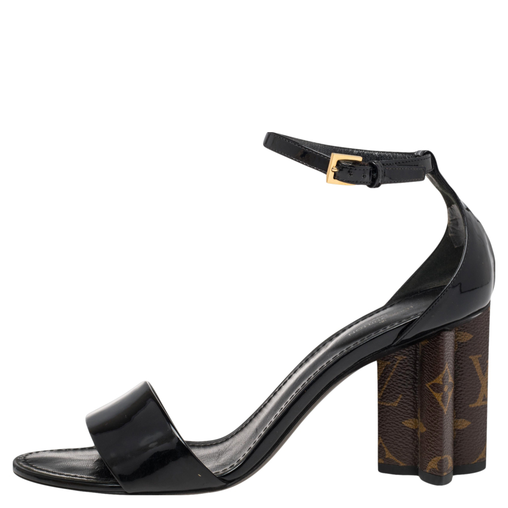 

Louis Vuitton Black Patent Leather Monogram Heel Ankle Strap Sandals Size