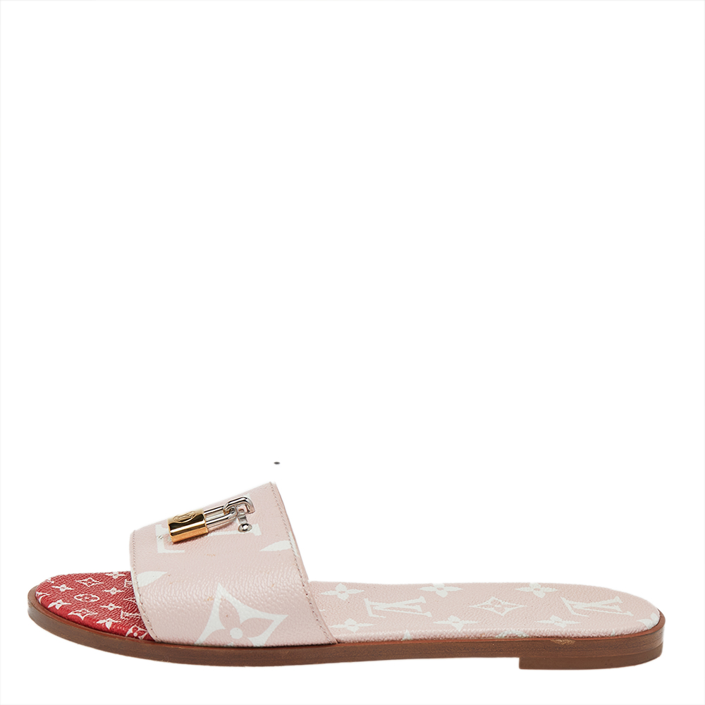 

Louis Vuitton Pink/White Monogram Canvas Lock It Flat Slides Size