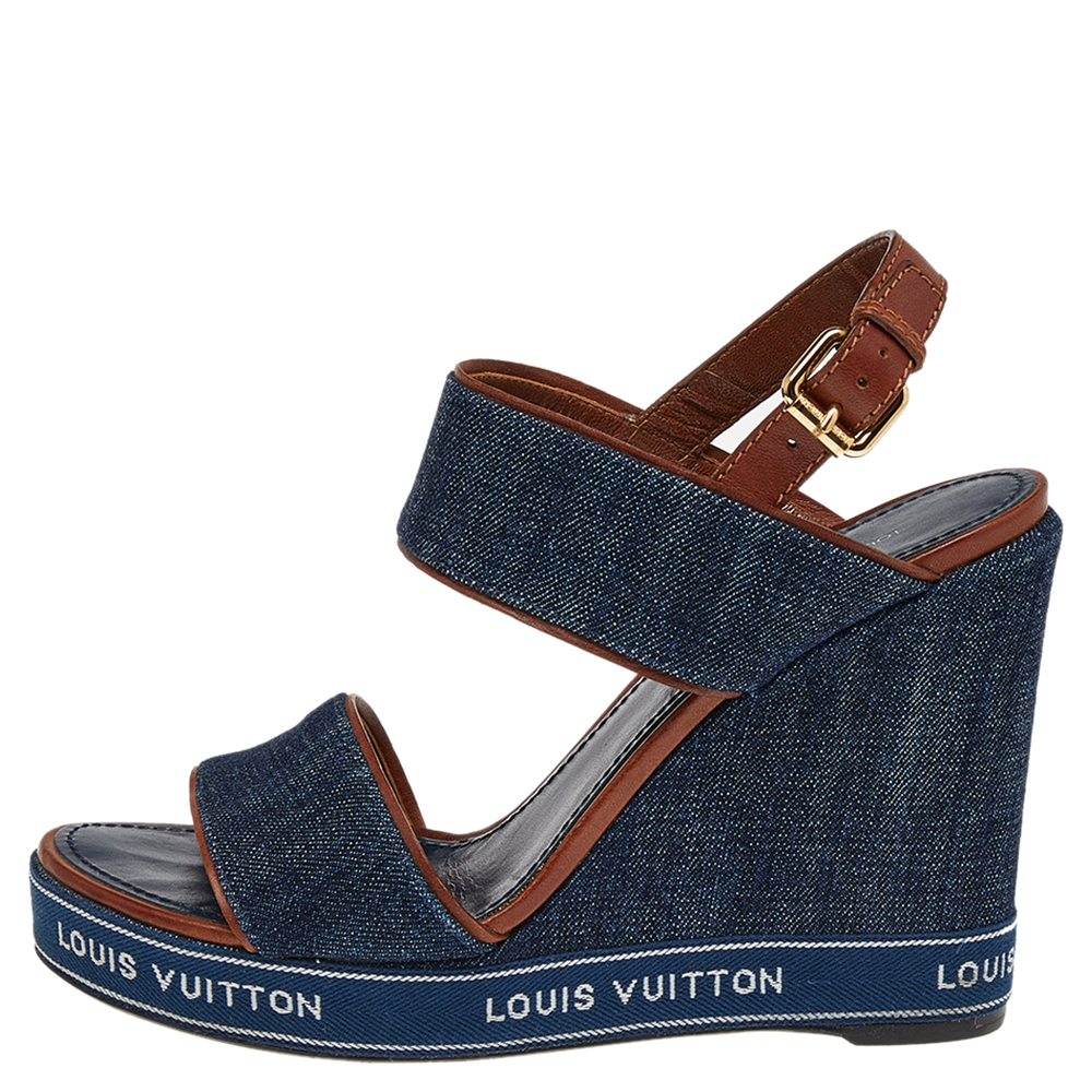 

Louis Vuitton Blue/Brown Denim And Leather Wedge Slingback Sandals Size