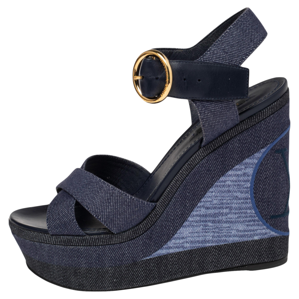 

Louis Vuitton Blue Denim and Leather Ocean Criss Cross Wedge Sandals Size