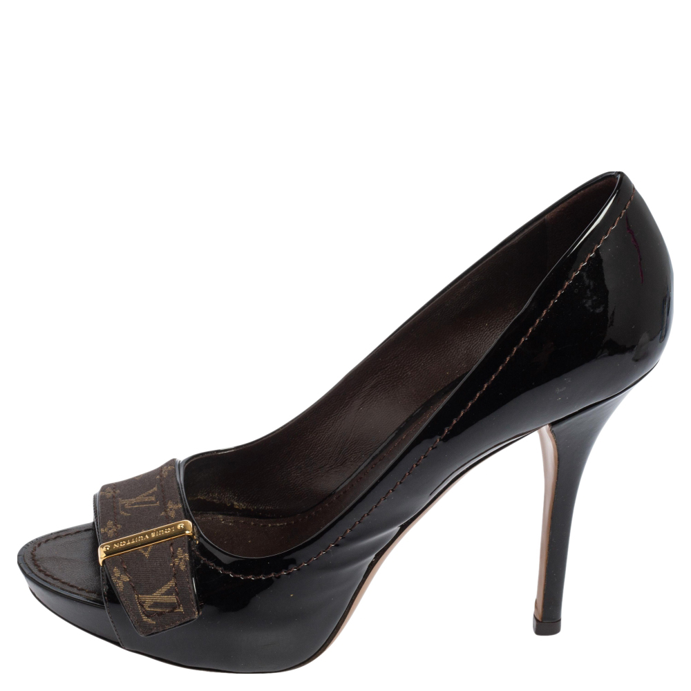 

Louis Vuitton Brown Patent Leather And Monogram Canvas Idylle Buci Open Toe Pumps Size, Black