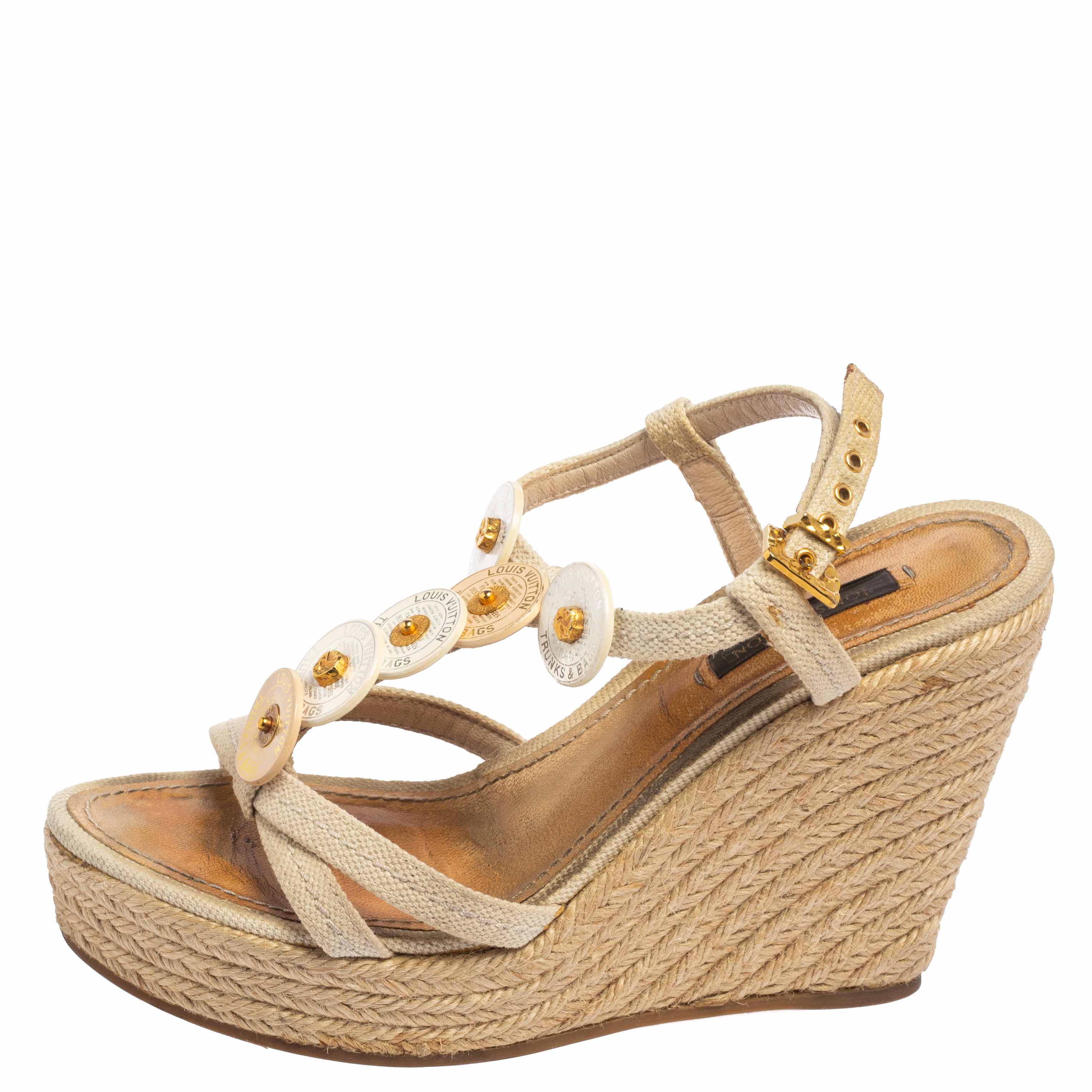 

Louis Vuitton Beige Canvas Medallion Leather Detail Espadrille Wedge Platform Sandals Size